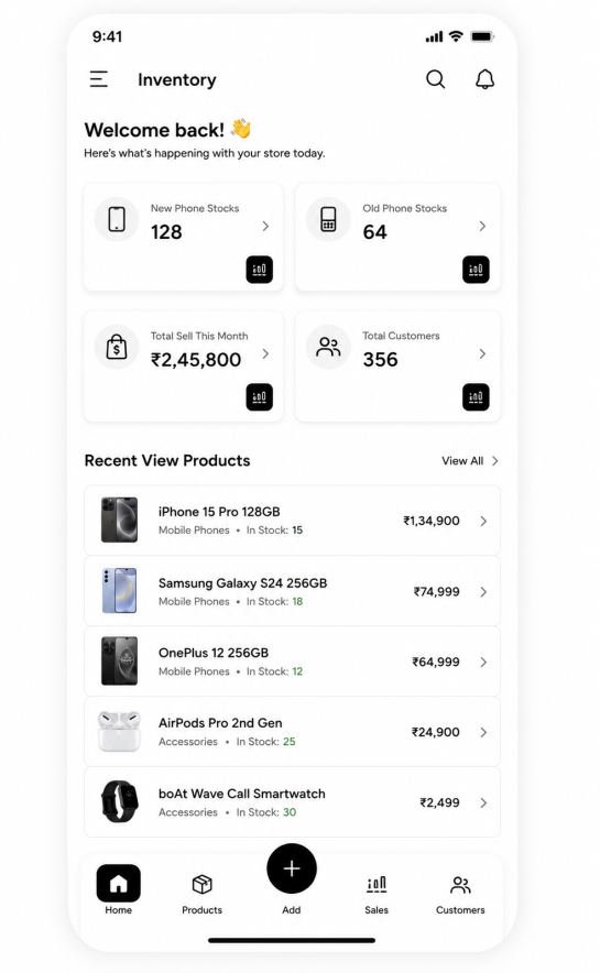 Cell Desk mobile shop software — Dashboard screen