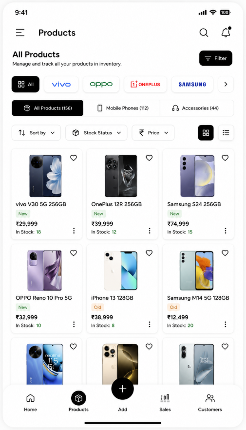 Cell Desk mobile shop software — Product Catalog screen